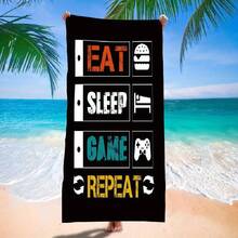 PUMPLUX 超細纖維遊戲手柄圖案沙灘毛巾-快速乾燥、吸水、免沙粒、輕盈毯子，適用於野餐、游泳、旅行、露營、沐浴毛巾 - 黑色 - 查看 1