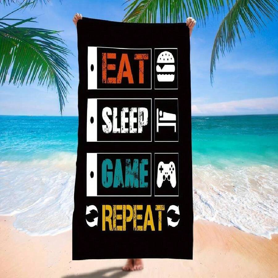 PUMPLUX 超細纖維遊戲手柄圖案沙灘毛巾-快速乾燥、吸水、免沙粒、輕盈毯子，適用於野餐、游泳、旅行、露營、沐浴毛巾 - 黑色 - 查看 1