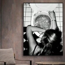 1 幅现代艺术海报，描绘女人、酒杯、厕所、欧洲简约房间装饰帆布画，无画框，适用于卧室、客厅、办公室、浴室、餐厅、咖啡厅或酒店墙壁装饰、墙壁艺术 - 黑與白 - 查看 2