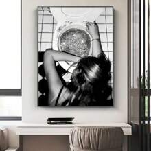 1 幅现代艺术海报，描绘女人、酒杯、厕所、欧洲简约房间装饰帆布画，无画框，适用于卧室、客厅、办公室、浴室、餐厅、咖啡厅或酒店墙壁装饰、墙壁艺术 - 黑與白 - 查看 3