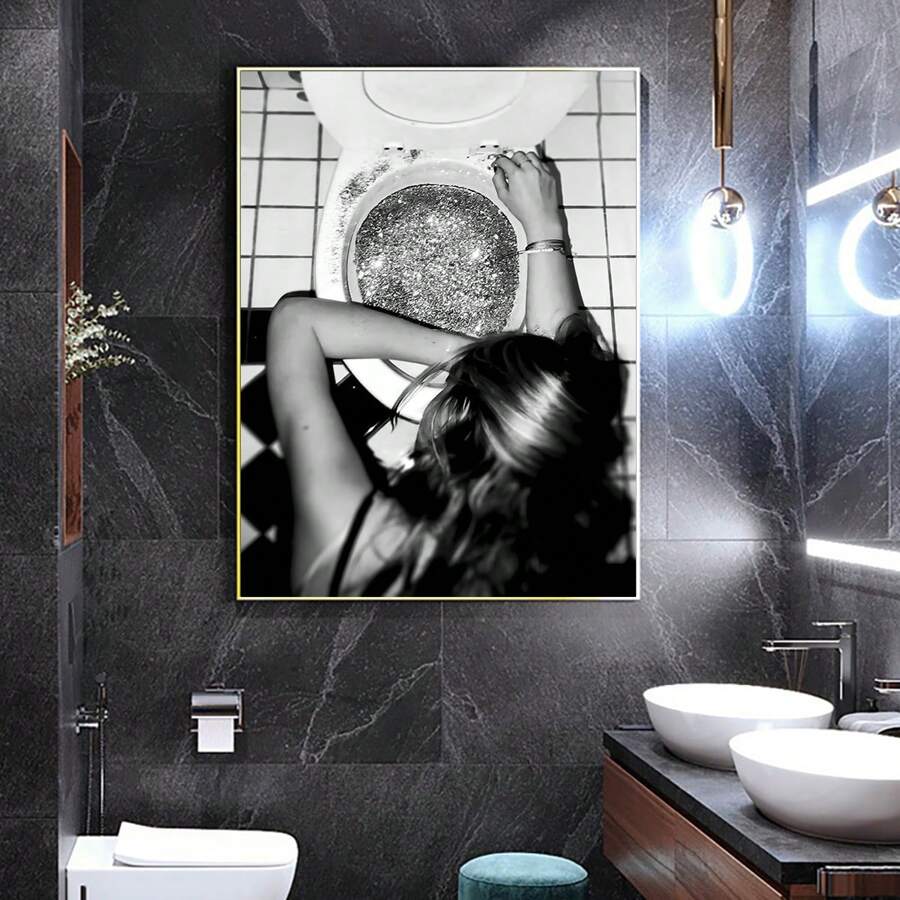 1 幅现代艺术海报，描绘女人、酒杯、厕所、欧洲简约房间装饰帆布画，无画框，适用于卧室、客厅、办公室、浴室、餐厅、咖啡厅或酒店墙壁装饰、墙壁艺术 - 黑與白 - 查看 1