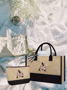 1Pc/2Pcs,Flower Letter Pattern,Initial Jute/Canvas Tote Bag Comes With A Makeup Bag, Personalized Present Bag, Suitable For Wedding, Birthday, Beach, Holiday,School Bag , Is A Great Gift For Women, Mom, Teachers, Friends, Bridesmaids,Student ,Large Bag , Back To School ,Simple Large-Capacity Handbag, Portable Casual Storage Tote Bag, Best Teacher Gift - Khaki - View 5