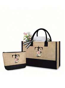 1Pc/2Pcs,Flower Letter Pattern,Initial Jute/Canvas Tote Bag Comes With A Makeup Bag, Personalized Present Bag, Suitable For Wedding, Birthday, Beach, Holiday,School Bag , Is A Great Gift For Women, Mom, Teachers, Friends, Bridesmaids,Student ,Large Bag , Back To School ,Simple Large-Capacity Handbag, Portable Casual Storage Tote Bag, Best Teacher Gift - Khaki - View 18