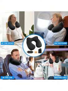 眼罩、耳塞、防噪音和防眩光颈枕旅行枕紧凑型颈枕符合人体工程学的头枕，配有天鹅绒般柔软的可洗枕套，适用于露营、旅行、飞机、火车、汽车、办公室 - 黑色 - 查看 2