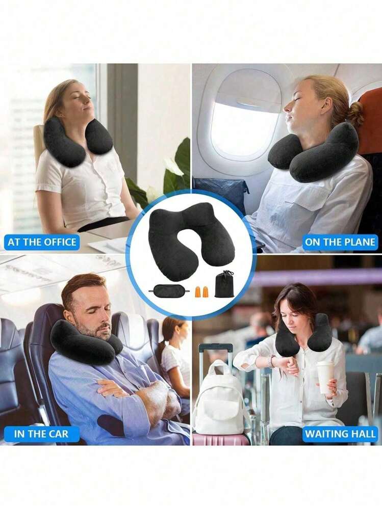 眼罩、耳塞、防噪音和防眩光颈枕旅行枕紧凑型颈枕符合人体工程学的头枕，配有天鹅绒般柔软的可洗枕套，适用于露营、旅行、飞机、火车、汽车、办公室 - 黑色 - 查看 2