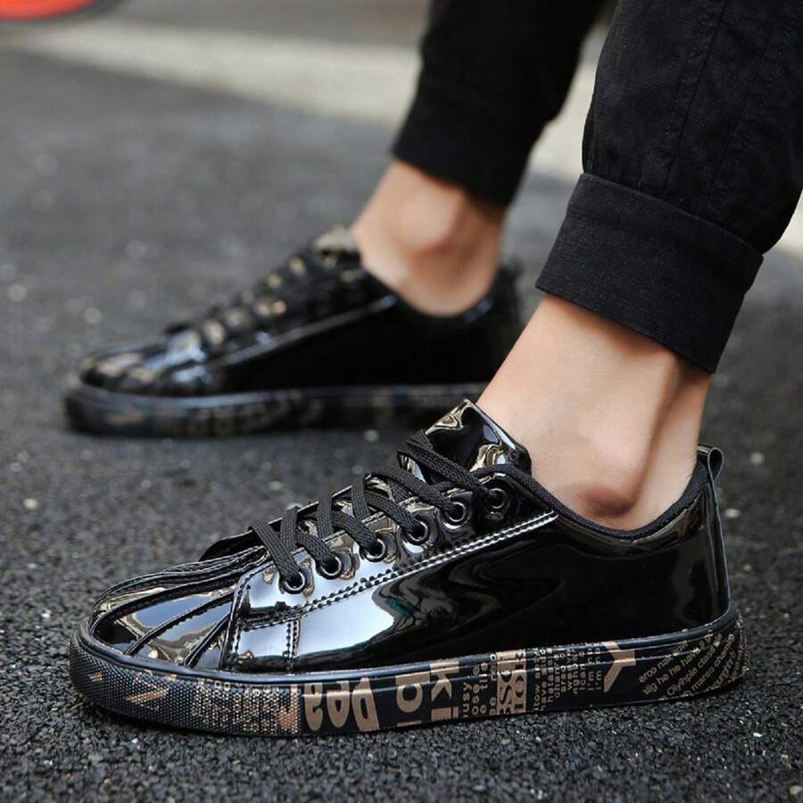 男女款休閒時尚低幫系帶平底鞋,具光澤貝殼頭設計,防滑透氣 - 黑色 - 查看 1