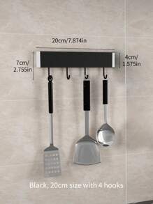 1pc Black And Silver Kitchen Wall Mounted Hook Rack With Multiple Hooks For Kitchen Utensils, No-Drill, Organizer Storage Rack - Black - View 2