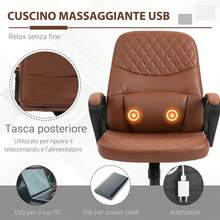 Vinsetto Sedia da Ufficio a Dondolo con 2 Punti Massaggianti e Porta USB, Poltrona da Ufficio Marrone con Altezza Regolabile, 59x63x92-101cm - Marrone ruggine - Visualizzare 6