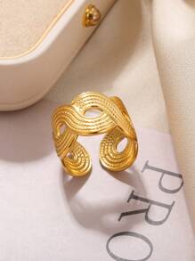 1pc Fashionable Gold-Tone Stainless Steel Braided Twisted Open Ring, Suitable For Women's Daily Wear, Party Jewelry Gift