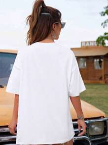 Women's Plain Oversized Round Neck T-Shirt, Mesh Fabric, Basic Blouse - 白色 - 查看 2