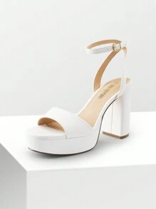 Women Chunky High Heel Sandals Fashion Open Toe Platform Heeled Sandals For Prom Dancing Wedding Holiday - 白色 - 查看 4