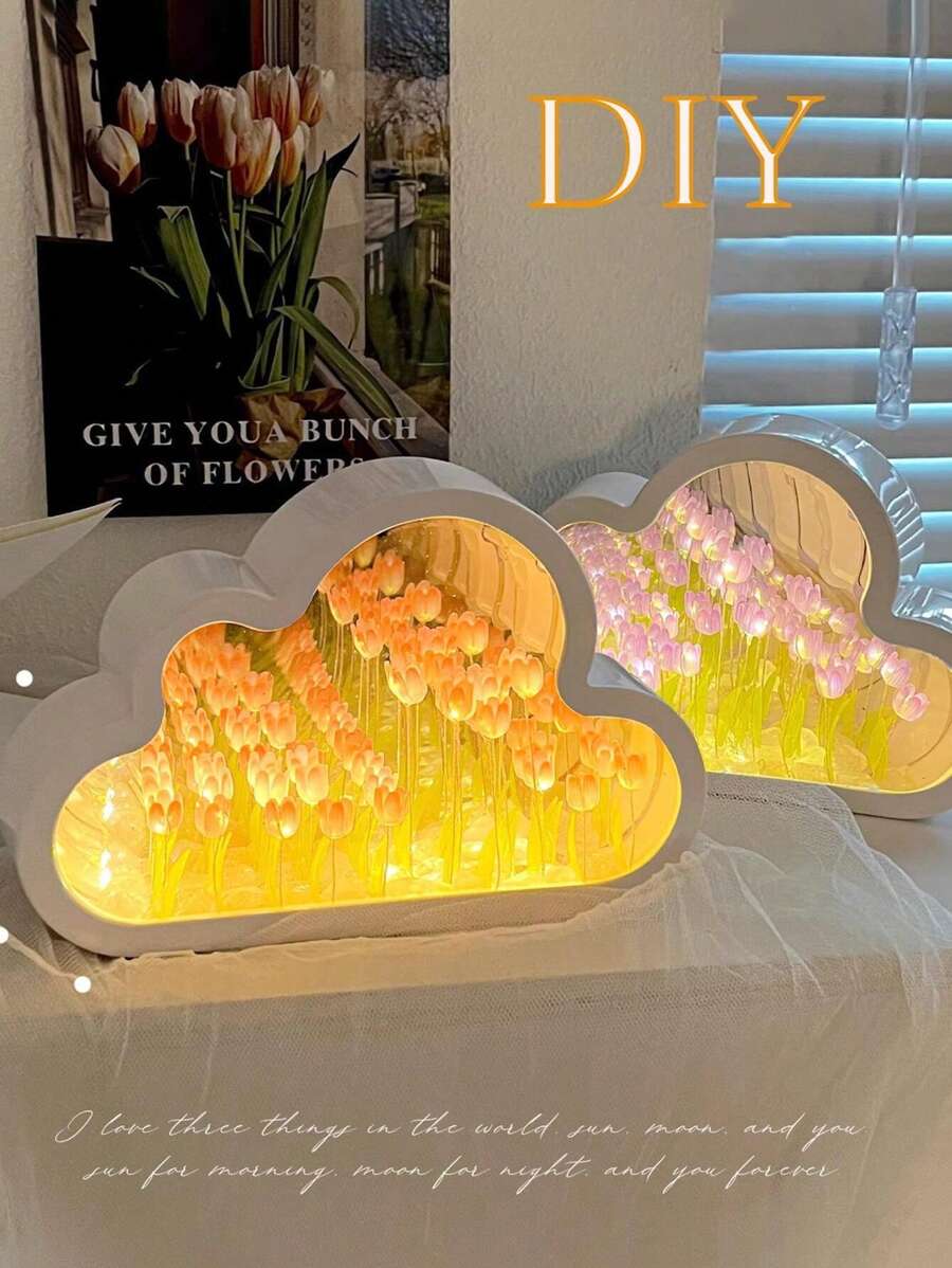 Led Lamparas Tulipanes Luces Para Espejo Nube Con Espejo Lámpara de noche con espejo de tulipán en la nube para dormitorio (productos de bricolaje) - Rosa - Ver 1