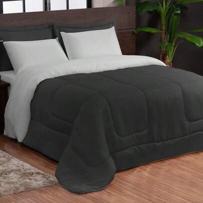 kit dupla face casal queen 3 peças liso  em microfibra preto cinza