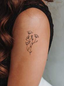 1pc Black Minimalist Line Floral Temporary Tattoo Sticker For Wrist, Body Small Area,Sketch Style - Black - View 3