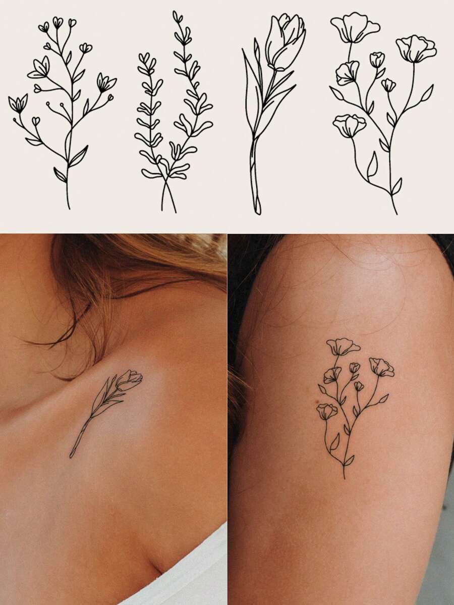 1pc Black Minimalist Line Floral Temporary Tattoo Sticker For Wrist, Body Small Area,Sketch Style - Black - View 1