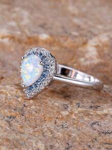 1pc Elegant Silver Plated Women's Ring With White Opal & Blue Cubic Zirconia Micro Inlaid, Great For Wedding And Daily Wear