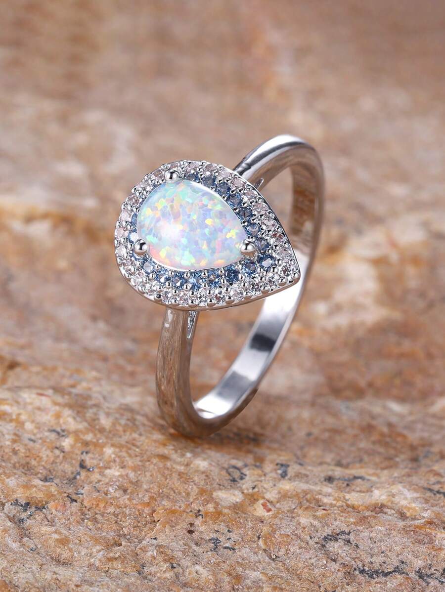 1pc Elegant Silver Plated Women's Ring With White Opal & Blue Cubic Zirconia Micro Inlaid, Great For Wedding And Daily Wear
