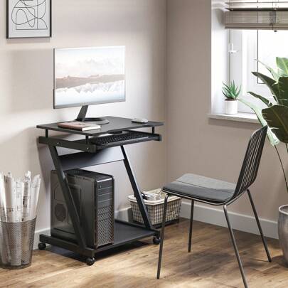 HOMCOM Scrivania per Computer Porta PC Classico e Salvaspazio, Scrivania per cameretta con Piano Tastiera a Scomparsa, 4 Ruote e Ripiano Inferiore 60x48x73cm