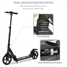 HOMCOM Teens Adult Kick Scooter Foldable Adjustable Aluminum Ride On Toy For 14+ W/ Dual Brake System, Shock Mitigation System  95.5-110.5H CM - Black - View 4