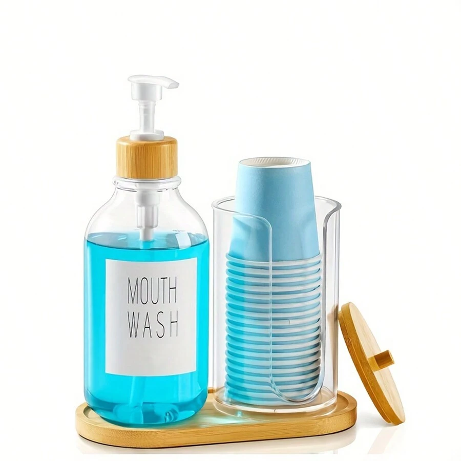 浴室漱口水分配器，带纸杯架的漱口水泵瓶，17盎司可再填充透明漱口水容器，带竹盖/托盘/标签，家居浴室装饰夏季