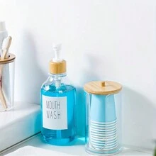 浴室漱口水分配器，带纸杯架的漱口水泵瓶，17盎司可再填充透明漱口水容器，带竹盖/托盘/标签，家居浴室装饰夏季