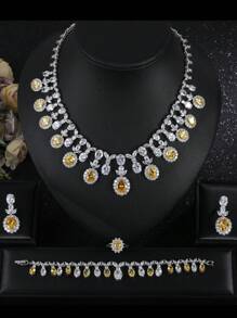 Bộ trang sức 5 chiếc/bộ vòng cổ, hoa tai, vòng tay, nhẫn đính đá Zirconia sang trọng, quyến rũ, thích hợp cho đám cưới, dạ hội, lễ hội dành cho phụ nữ - hình trái xoan - Xem 16