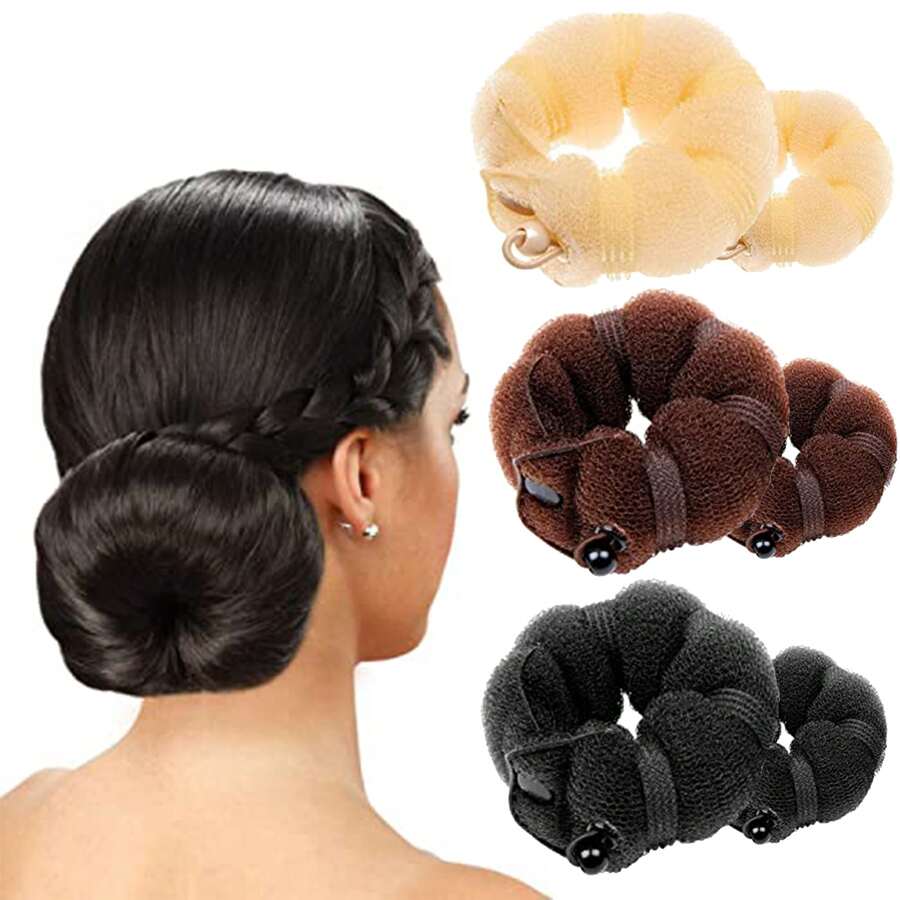 2pcs/Set Donut Bun Maker & Hair Styling Tool With Button, Sponge Hair Bun Shaper & Caterpillar Hair Roll Diy Accessories For Women (1 Large& 1 Small) - Multicolor - View 1