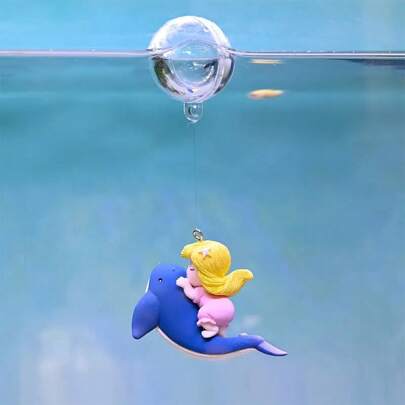 1只騎鯨魚的女角色水族館浮動裝飾品,適用於魚缸裝飾