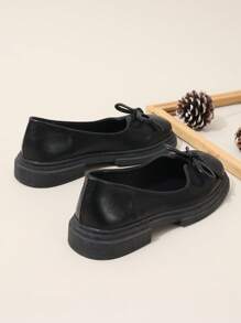 女士黑色时尚蝴蝶结装饰圆头一脚蹬粗跟休闲乐福鞋 - 黑色 - 查看 4