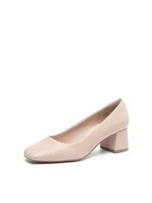 Women's Square Toe Low Chunky Heels Elegant Court Pumps Comfortable Slip On Dress Shoes Wedding Party Office Work Shoes - 杏色 - 查看 3
