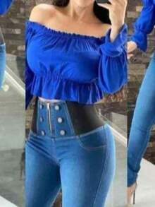 Pantalón cotillero de mezclilla botones - Azul - Ver 2