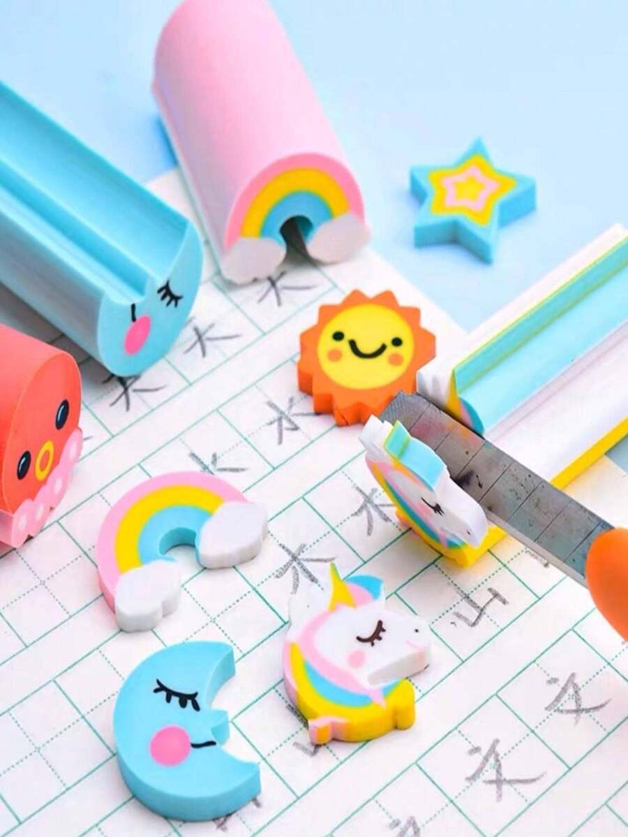 6 Piezas de Goma Recortable Diseños Kawaii, Unicornio, Sol, Luna, Arcoiris, Borrador Kawaii - Multicolor - Ver 1