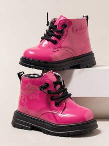 1 Pair Girls' Patent Leather Pu Leather Mid-Calf British Style Boots, Suitable For Spring And Autumn - Hot Pink - View 2