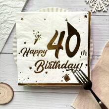 20 件白色 40 岁生日主题金箔帽子印花一次性餐巾（6.5*6.5 英寸）采用原木浆双层薄纸制成，适用于酒店、餐厅、酒吧、餐具、餐桌布置、圣诞节 - 白色 - 查看 3
