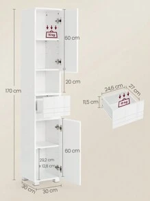 VASAGLE Mueble de Baño, Armario de Baño, Unidad de Almacenamiento de Baño, con un Cajón, Estantería, Compartimientos, Estantes Regulables, 30 x 30 x 170 cm, Blanco/Gris - Blanco - Ver 5