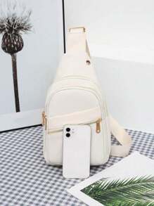 女士新款胸包，时尚防水斜挎单肩包，容量大，带 USB 接口，开学第一天的学院风腰包 - 米色 - 查看 4