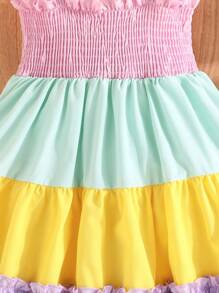 Baby Mädchen Sommer Lässig Urlaubsstil Kleid mit kontrastfarbenen Kappärmeln und Rüschenbesatz - Verschiedenfarbig - Übersicht 3