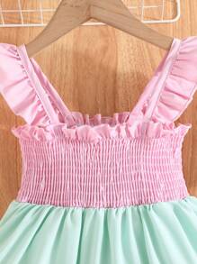 Baby Mädchen Sommer Lässig Urlaubsstil Kleid mit kontrastfarbenen Kappärmeln und Rüschenbesatz - Verschiedenfarbig - Übersicht 2