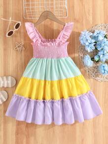 Baby Mädchen Sommer Lässig Urlaubsstil Kleid mit kontrastfarbenen Kappärmeln und Rüschenbesatz - Verschiedenfarbig - Übersicht 1