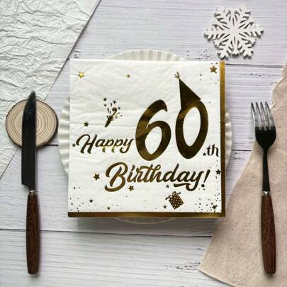 20 st. engångsservetter med guldfolietryck och vita 60-årsfest, 6,5*6,5 tum, för hotell, restaurang, bar, jul