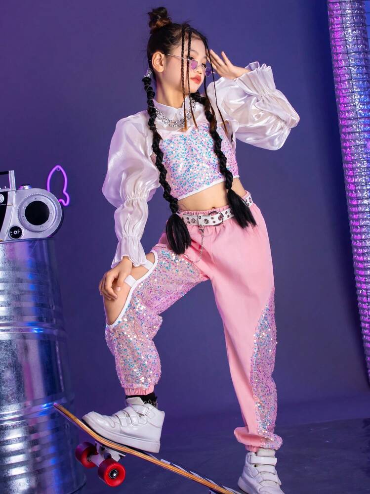 ジャズダンス衣装 キラキラシーケンスディテール女児用3点セット