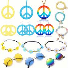 6入組裝扮和派對服飾配件套裝,包括女孩圖案裙子、太陽眼鏡、花頭帶、和平符號項鍊、耳環和水晶手鐲 - 彩色 - 查看 1