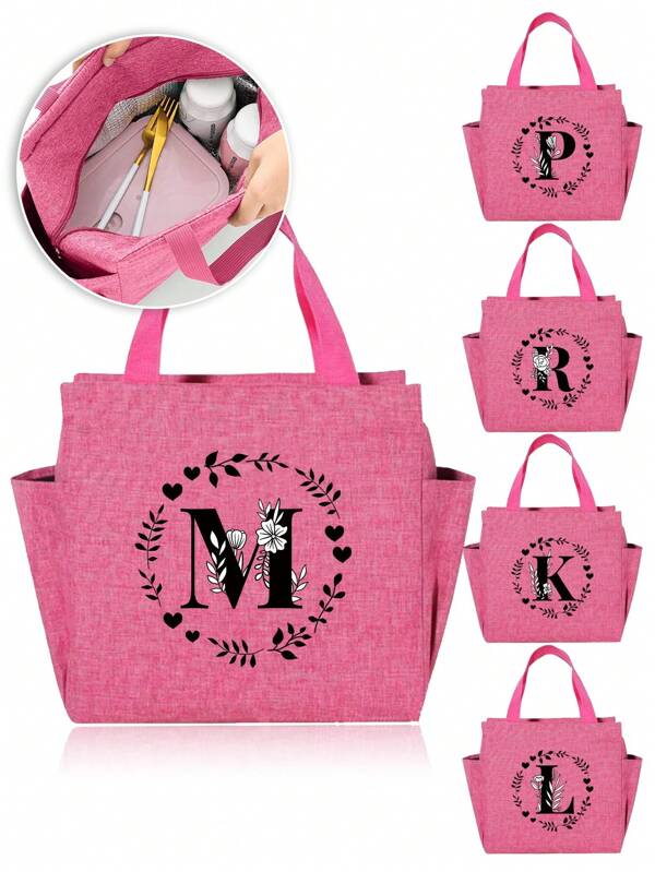 1pc Pink Insulated Lunch Bag Large Capacity Cooler Bag Waterproof Zipper Portable Students Meals Lunch Box Women Handbag Fashion 26 Initial Letter Multifunctional Thermal Lunch Bags Food Storage Bags For Picnic Camping Work,Back To School