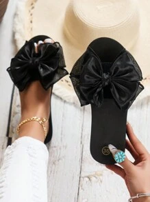Women's Bowknot Decor Slides, Slip On Lightweight Beach Slides, Non-Slip Vacation Flats, Lightweight Slide Sandals, Casual Slippers, Women's Footwear Valentines