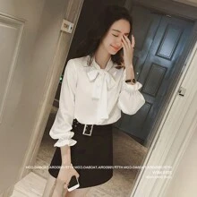 Elegant Blouse For Women Bow Neck Design - White - View 5