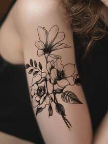 STARTTOOS 6入組黑色簡單草圖線條花卉動物紋身貼紙，適用於手臂、手腕、胸部、腹部、背部和身體 - 黑色 - 查看 8