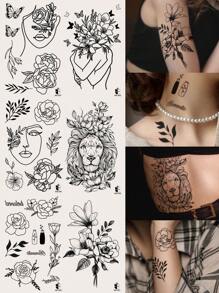 STARTTOOS 6入組黑色簡單草圖線條花卉動物紋身貼紙，適用於手臂、手腕、胸部、腹部、背部和身體 - 黑色 - 查看 2