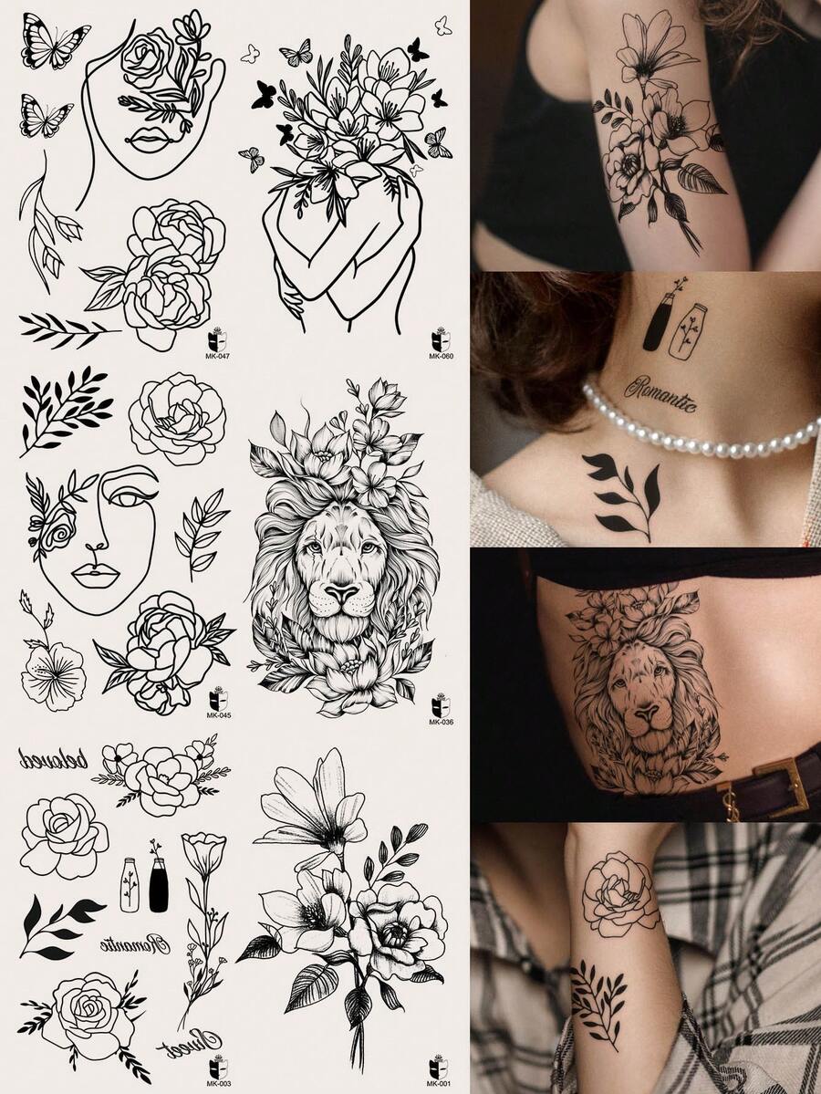 STARTTOOS 6入組黑色簡單草圖線條花卉動物紋身貼紙，適用於手臂、手腕、胸部、腹部、背部和身體
