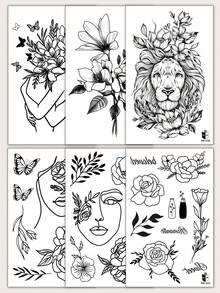 STARTTOOS 6入組黑色簡單草圖線條花卉動物紋身貼紙，適用於手臂、手腕、胸部、腹部、背部和身體 - 黑色 - 查看 3