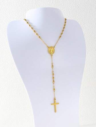 1pc 4mm Stainless Steel Gold-Color Beaded Necklace With Virgin Mary & Cross Pendant, Women's Daily Wear Jewelry